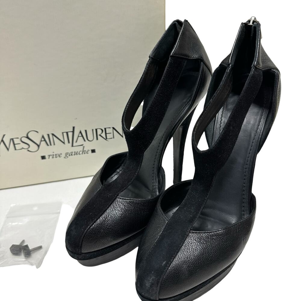 YSL Yves Saint Laurent Womens Heels Size 38.5 Black Leather Easy T Strap Sexy